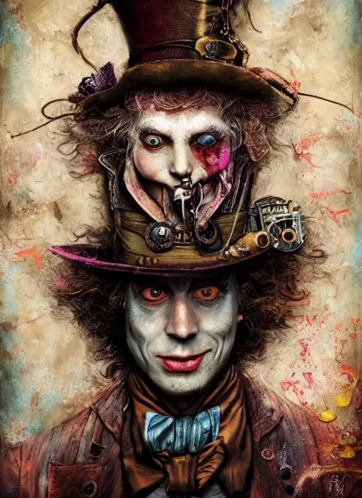 Image similar to mad hatter, steampunk style, highly detailed, cinematic, 8 k, by megan duncanson, benjamin lacombe, adrian borda, stanley artgermm, tom bagshaw, craig mullins, carne griffiths, ayami kojima, beksinski, giger, trending on deviantart, hyper detailed, horror, full of colour