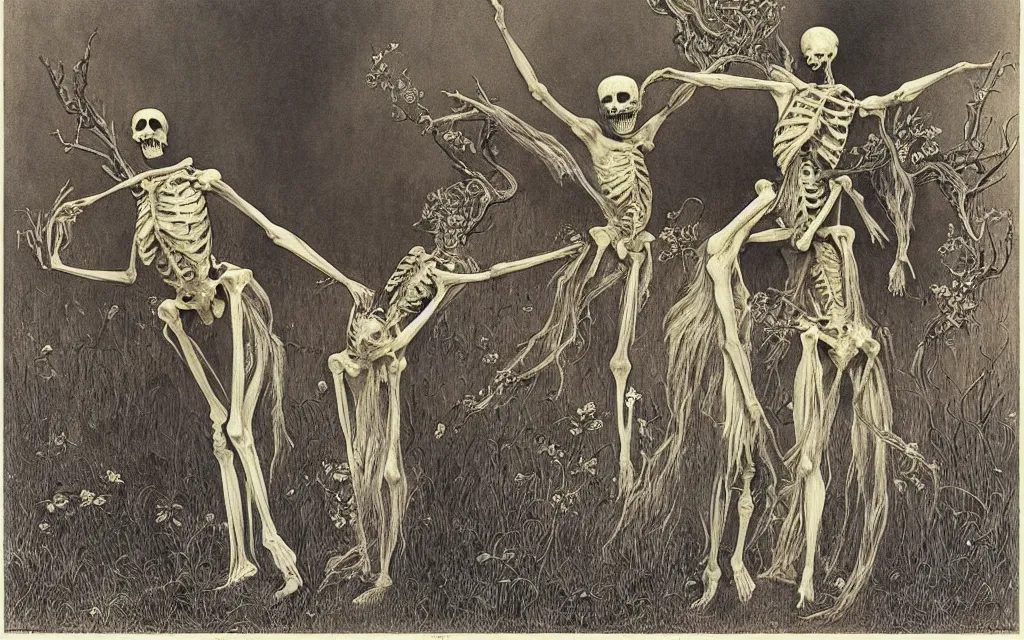 Image similar to eartern european springtime skeleton dancing danse macabre by zdzisław beksinski and gustave dore and alphonse mucha.