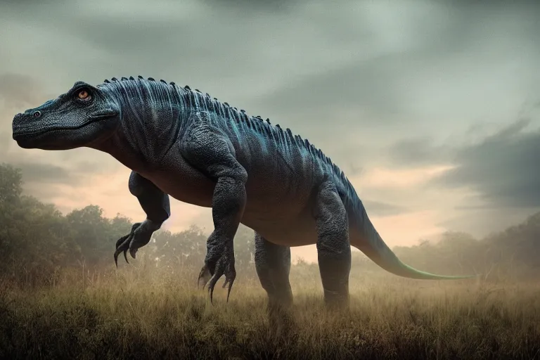 Prompt: Realistic photograph of a somber dinosaur standing in the distance in the style of Dark Naturalism, Jungle Grunge, twilight, glows, detailed, studio quality, hd image,