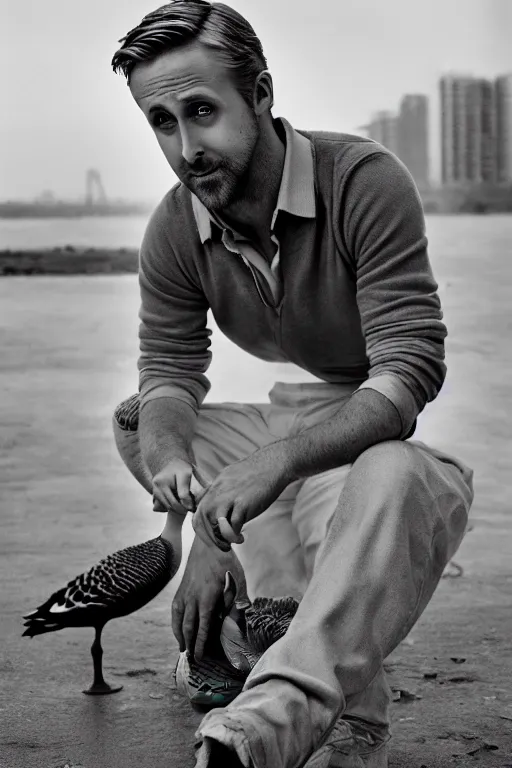 Image similar to ryan gosling fused with a goose, construction, natural light, bloom, detailed face, magazine, press, photo, steve mccurry, david lazar, canon, nikon, focus