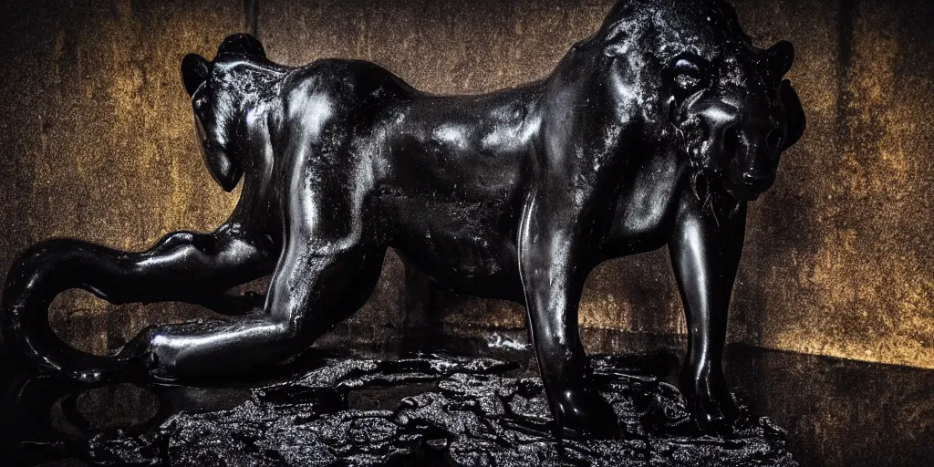 Image similar to the black lioness made of tar, bathing in the bathrub filled with tar, dripping tar, drooling goo, sticky black goo, photography, dslr, reflections, black goo, rim lighting, cinematic light, chromatic, saturated, slime, modern bathroom