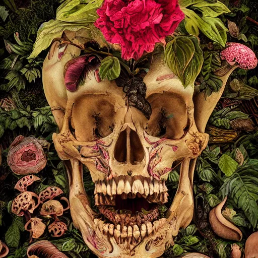 Image similar to a beautiful detailed rococo photo of a rotten woman corpse becoming almost a skull with face muscles, veins, arteries, fractal plants and fractal flowers and mushrooms growing around, intricate, ornate, volumetric light, beautiful lit, beetlejuice