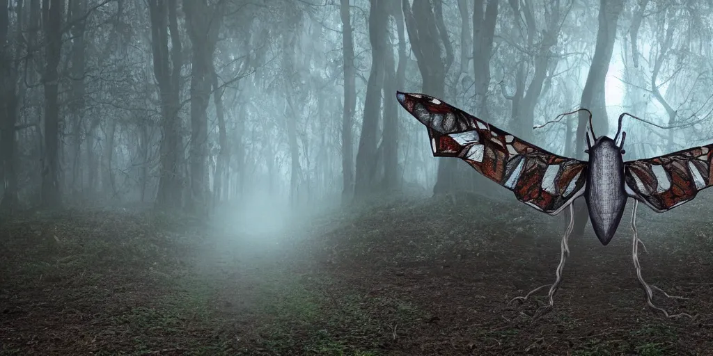 Image similar to Humanoid moth with wings for arms in a forest filled with fog off in the distance looking back at the camera, hyper detailed