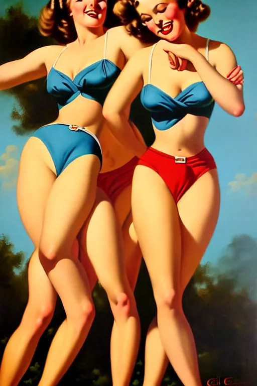 Image similar to 1940s group of pinup bikini girls, oil painting, by Gil Elvgren