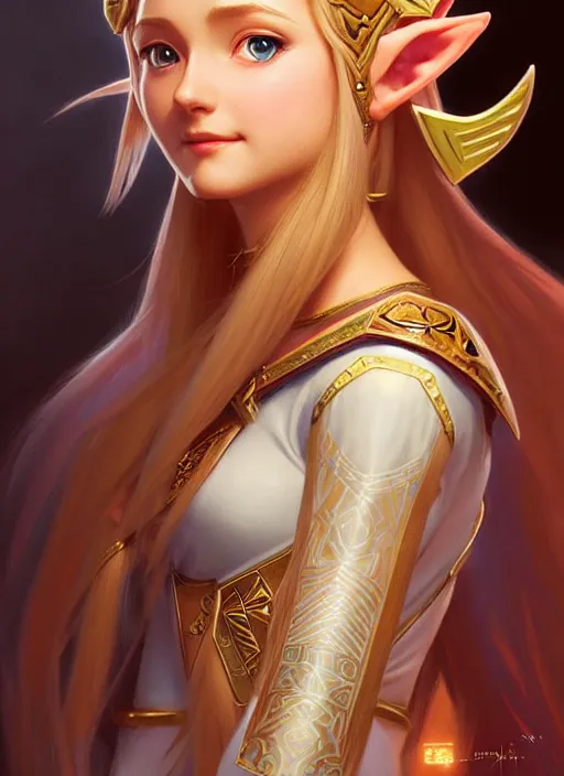 Image similar to perfectly detailed princess zelda!! blessed by nature with ever - increasing physical mental perfection, symmetrical! intricate, sensual features, highly detailed, biblical divine holy perfection!! digital painting, artstation, concept art, smooth, sharp focus, illustration, art by artgerm and greg rutkowski and alphonse mucha