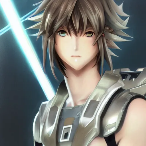 Image similar to male protagonist of xenoblade chronicles, anime style, hair down, symmetrical facial features, from arknights, futuristic clothes, hyper realistic, pale skin, 4 k, rule of thirds, extreme detail, detailed drawing, trending artstation, hd, scifi, d & d, realistic lighting, by alphonse mucha, greg rutkowski, sharp focus, backlit