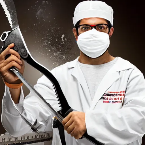 Prompt: surgeon smiling while wearing hockey mask, using a miniature chainsaw on femur