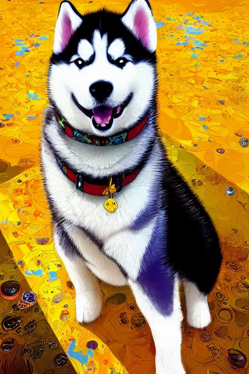 Prompt: Adorably cute Husky puppy portrait, artstation winner by Victo Ngai, Kilian Eng and by Jake Parker, vibrant colors, winning-award masterpiece, fantastically gaudy, aesthetic octane render, 8K HD Resolution