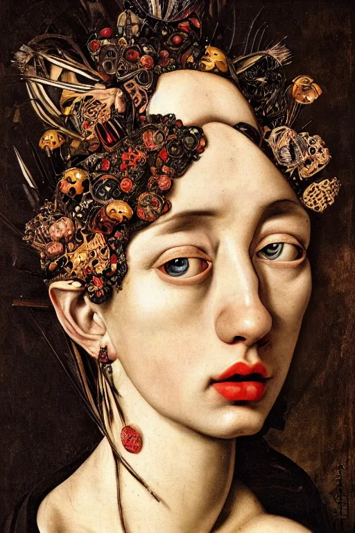 Image similar to Detailed maximalist portrait with large lips and with large eyes, sad expression, HD mixed media, 3D collage, highly detailed and intricate illustration in the style of Caravaggio, dark art, baroque