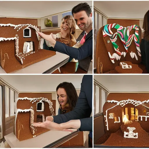 Image similar to real estate agent showing couples through the inside of houses made out of gingerbread