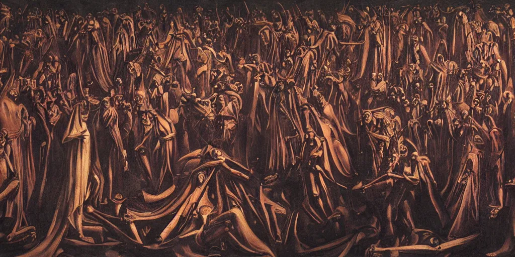 Image similar to dante's inferno painting, with people in black hooded tunic like in the film eyes wide shut of stanley kubrick, illuminati symbol, crows, skeletons, crosses, dark beauty, rotten gold, perfect faces, extremely detailed, cinema 4 d, unreal engine.