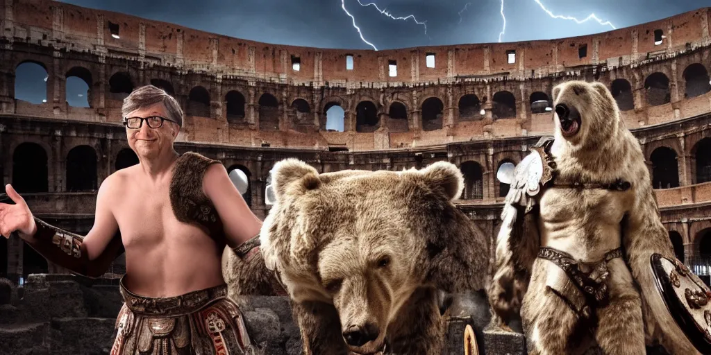 Image similar to Bill Gates dressed as a roman gladiator in front of an angry bear in the Colosseum. Film scene. Dramatic lightning. 4k.