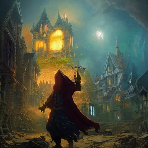 Image similar to wizard casting a powerful spell on a village, beautiful composition, wide angle, colorful, cinematic, volumetric lighting, intricate details painting, by art germ, by greg rutkowski