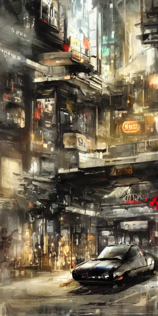 Image similar to the entrance of general store seven - eleven located in the middle of a sci - fi city, street view, sci - fi cars, painted by ashley wood and phil hale, blade runner, masterpiece, award - winning, sharp focus, intricate concept art, ambient lighting, 8 k, artstation, pixiv