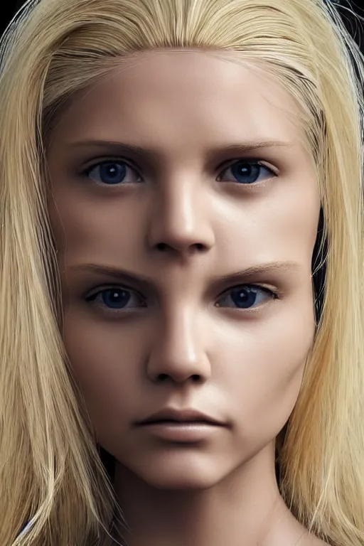 Image similar to robot with human face, female head, full body angle, woman human face, human face realistic, beautiful blonde hair, human head, human head with blonde hair, blonde hair human head, blonde hair, human realistic face, human head skin, cyborg frame concept, cyborg by ales-kotnik, sci-fi android female, the body is made of wires, robotic body, cyborg body, cyborg bust body, robot body cyborg, full body