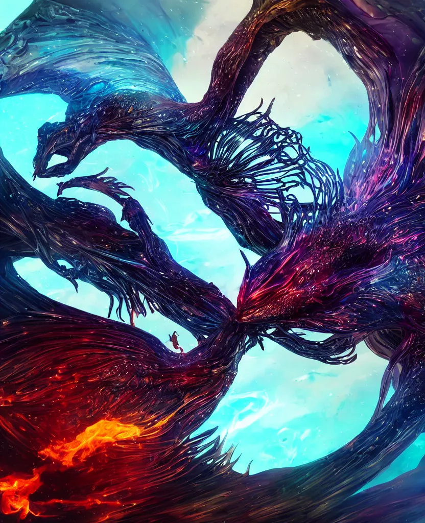 Image similar to close-up macro portrait of the dark queen, epic angle, epic pose, symmetrical artwork, photorealistic, iridescent, 3d with depth of field, blurred background. cybernetic phoenix bird, translucent dragon, nautilus. energy flows of water and fire, by Tooth Wu and wlop and beeple. a highly detailed epic cinematic concept art CG render digital painting artwork scene. By Greg Rutkowski, Ilya Kuvshinov, WLOP, Stanley Artgerm Lau, Ruan Jia and Fenghua Zhong, trending on ArtStation, made in Maya, Blender and Photoshop, octane render, excellent composition, cinematic dystopian brutalist atmosphere, dynamic dramatic cinematic lighting, aesthetic, very inspirational, arthouse