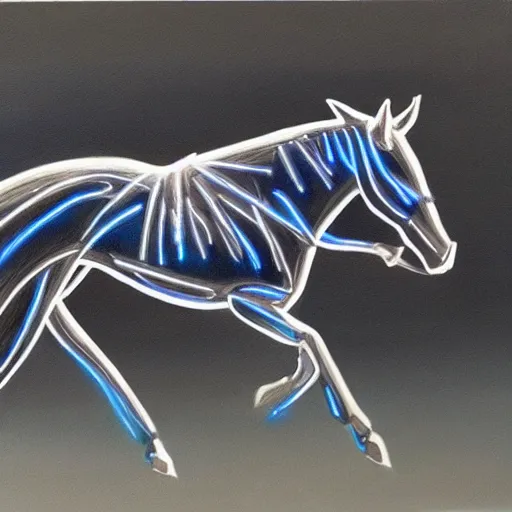 Image similar to a hyper realistic and detailed painting of a cybernetic horse leaving sparks on lighting in it's trails