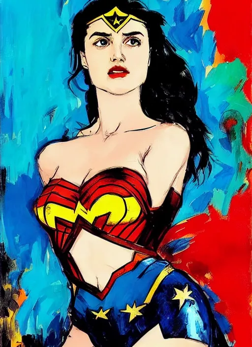 Image similar to portrait of katie mcgrath as wonder woman by ashley wood, yoji shinkawa, jamie hewlett, 6 0's french movie poster, french impressionism, vivid colors, palette knife and brush strokes