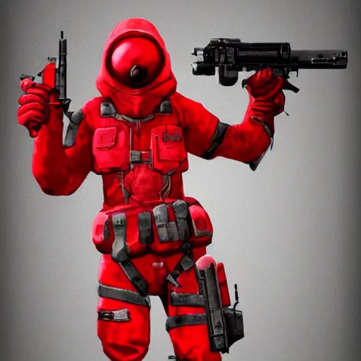 Image similar to character concept design of a red hazmat holding an SMG in a dark hallway, trending on artstation