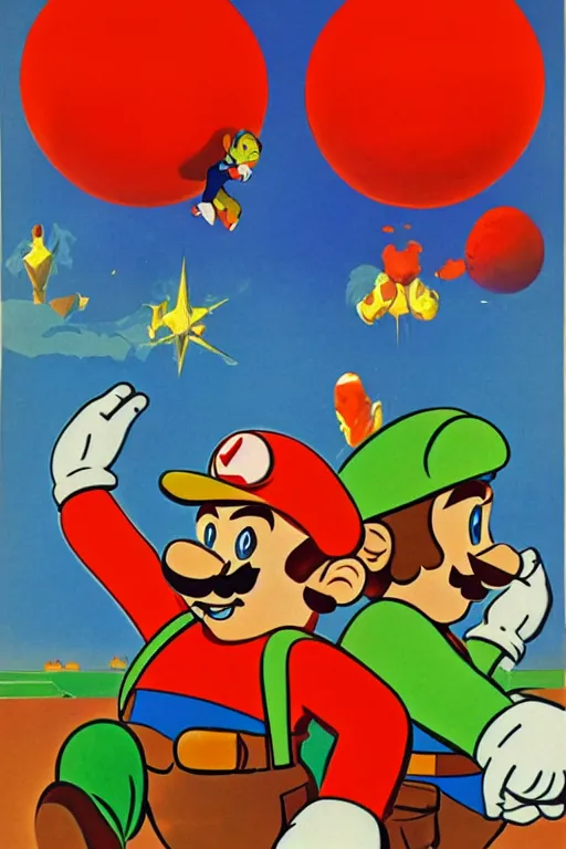 Prompt: a soviet propaganda poster with mario and luigi looking at the horizon, 1 9 5 2, futurism