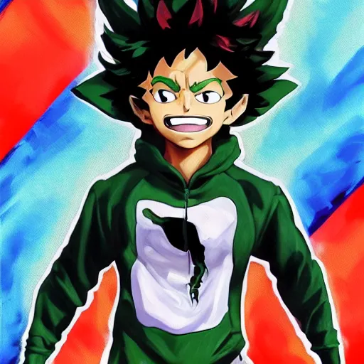 Image similar to an oil painting of a izuku midoriya wearing a hip - hop halloween costume of the devil, by artgerm, hd, hdr, ue 5, ue 6, unreal engine 5, realistic anime 3 d style, cinematic 4 k wallpaper, 8 k, ultra detailed, gta cover art, high resolution, artstation, award winning