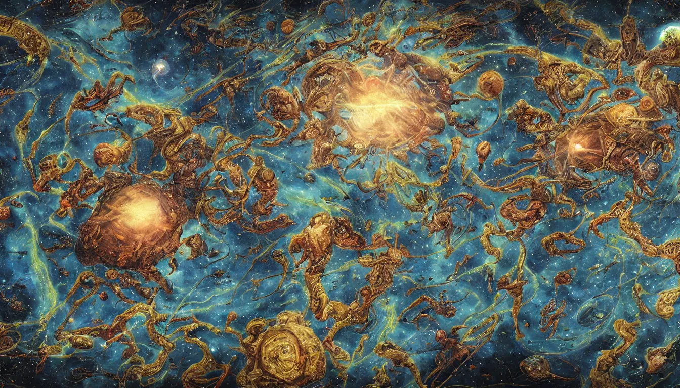 Prompt: an epic fantastic realism comic book style painting of a map of the universe, as drawn by a race of alien monks over a thousand centuries, 8 k, ultra realistic, lens flare, atmosphere, glow, detailed, intricate, full of colour, cinematic lighting, trending on artstation, 4 k, hyperrealistic, focused, extreme details, unreal engine 5, cinematic, masterpiece