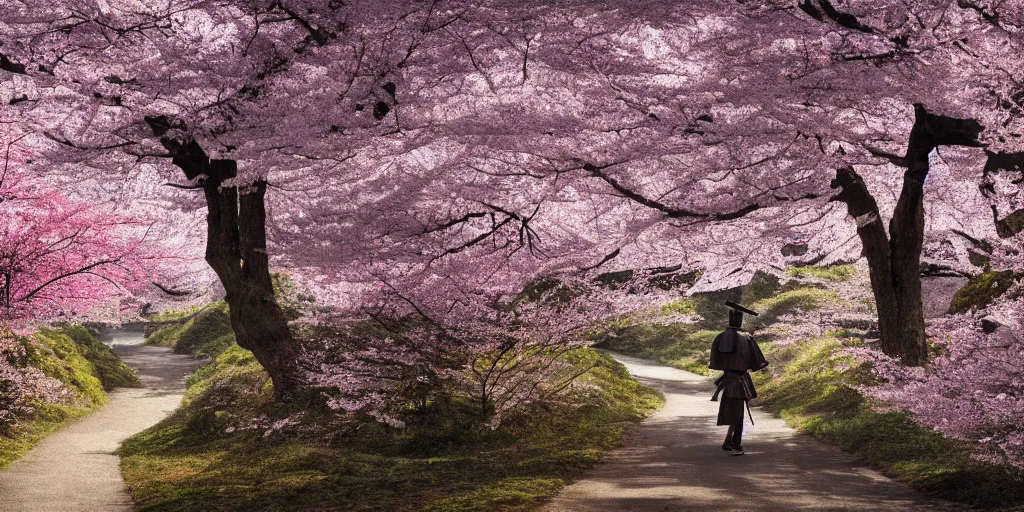 Prompt: a samurai standing on a ancient road with cherry blossom trees in the background, digital art, 4K
