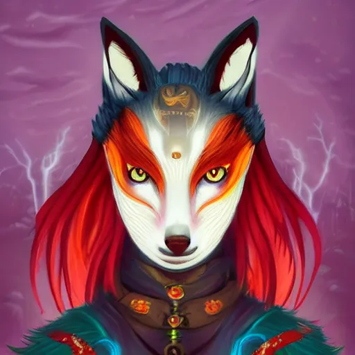 Image similar to a painted avatar portrait of an awesome powerful humanoid kitsune fox mage themed around life and death, in the style of dnd beyond avatar portraits, beautiful, artistic, elegant, lens flare, magical, lens flare, nature, realism, stylized