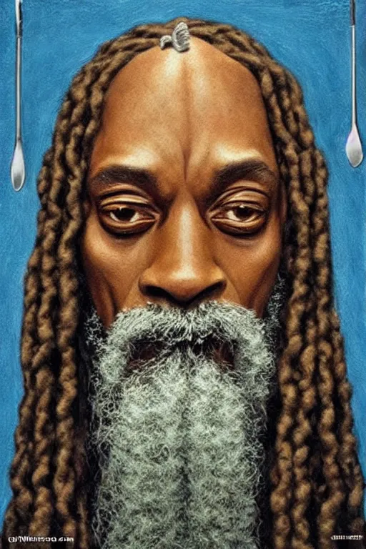 Prompt: ultra realistic snoop dogg as Gandalf, face portrait in the style of grant wood