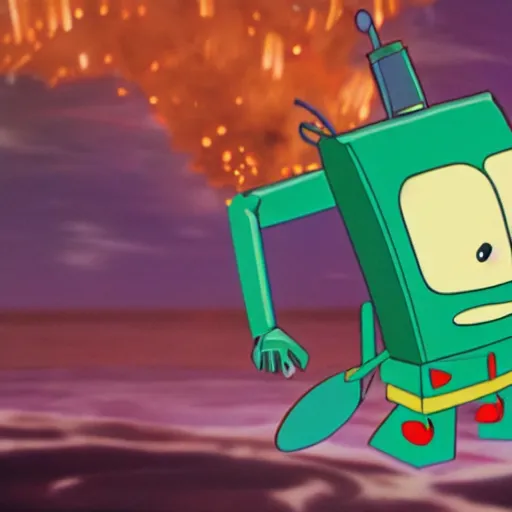 Prompt: plankton piloting a giant robot destroying the krusty krab, spongebob, 4 k,