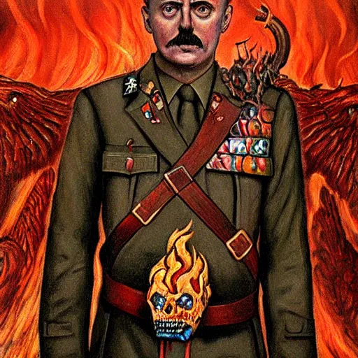 Image similar to igor ivanovich strelkov became an angry degraded satanic hellfire demonic abomination and calling for total mobilization, photo - realistic, color image, 2 k, highly detailed, bodyhorror, occult art