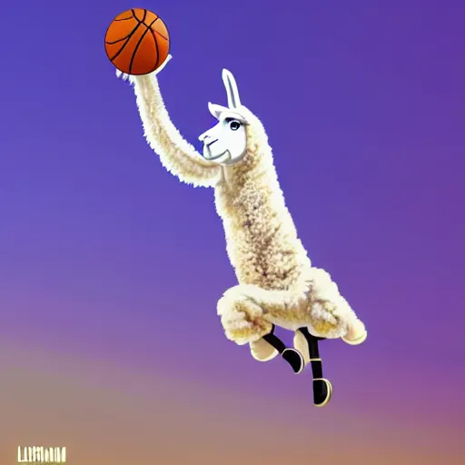 Image similar to a llama dunking a basketball, 4 k, digital art, high resolution, trending on artstation