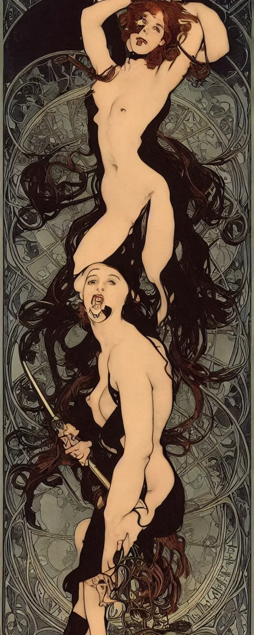 Prompt: striking sensual industrial art nouveau style portrait of kitty pryde as a norwegian black metal singer by michael kaluta, simon bisley and alphonse mucha, photorealism, extremely hyperdetailed, perfect symmetrical facial features, perfect anatomy, ornate declotage, weapon, latex, excited expression, wild eyes