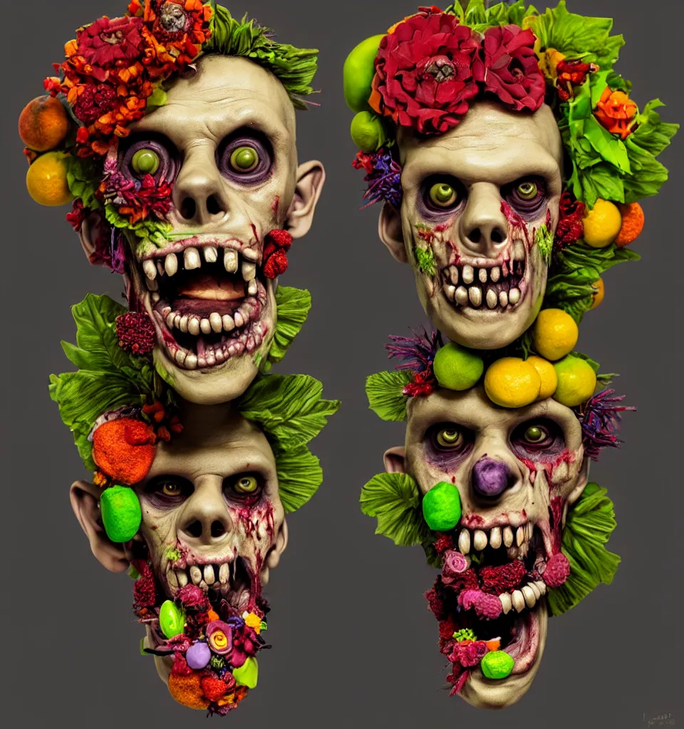 Prompt: portrait headshot of a zombie punk, head made of fruit and flowers in the style of arcimboldo, photorealistic, dynamic lighting, action figure, clay sculpture, claymation, soft multicolor background