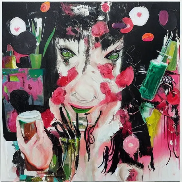 Image similar to “ a portrait in a female art student ’ s apartment, sensual, a pig theme, art supplies, paint tubes, ikebana, herbs, a candle dripping white wax, black walls, squashed berries, berry juice drips, acrylic and spray paint and oilstick on canvas, surrealism, neoexpressionism ”