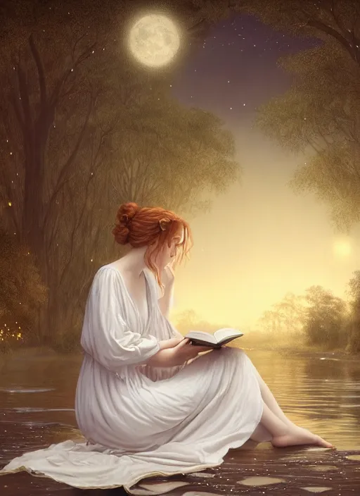 Image similar to pale delicate woman in white nightgown reading a book by a river, full moon in a dark starry sky, golden orbs and fireflies, illustration, dramatic lighting, soft details, painting oil on canvas, art nouveau, octane render, 8 k, by edmund blair leighton, brom, charlie bowater, trending on artstation