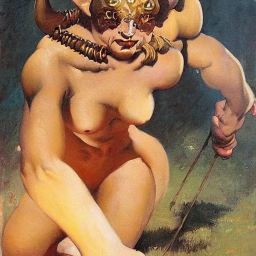 Image similar to a beautiful portrait of a woman dressed as a bull, female minotaur, painting by frank frazetta
