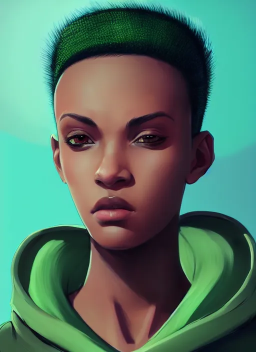 Image similar to photographic portrait of an handsome young black woman with a mohican haircut and green eyes in a back hoodie, flat lighting, elegant, highly detailed, digital painting, artstation, concept art, sharp focus, star wars, illustration, art by makoto shinkai