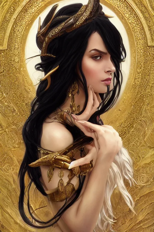 Image similar to a beautiful woman with long black hair, big natural ram horns on her head, flowing dress, gold jewellery, dnd, face, fantasy, intricate, elegant, highly detailed, digital painting, artstation, concept art, smooth, sharp focus, illustration, art by artgerm and greg rutkowski and alphonse mucha