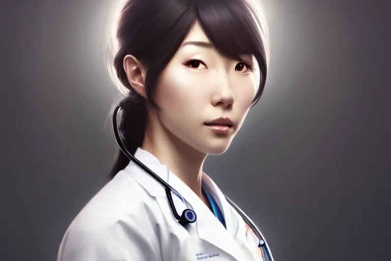 Prompt: a elegant and beautiful japanese female doctor in a white coat in a clinic, cinematic, highly detailed, digital painting, artstation, concept art, matte, sharp focus, illustration, art by artgerm and greg rutkowski