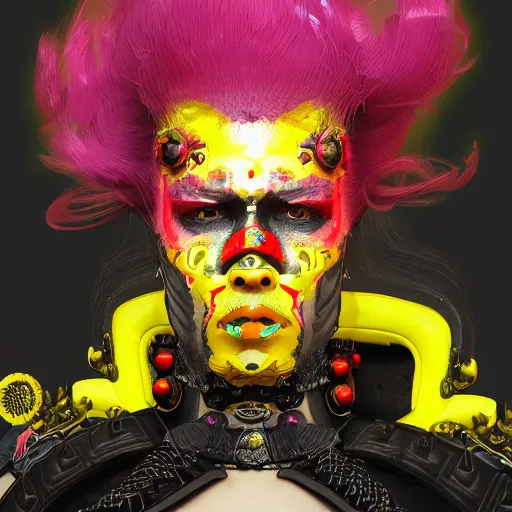 Prompt: profile portrait of old samurai, goth punk, cyberpunk, vibrant yellow colors, surreal, french baroque style by alexander mcqueen, hyper detailed, cinematic, art by bill sienkiewicz trending artstation, octane render