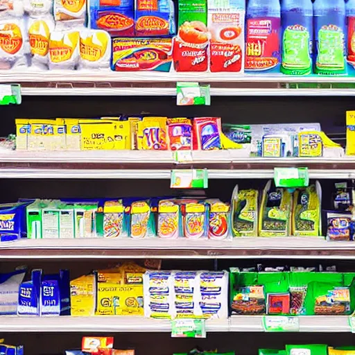Image similar to shelf of a convenience store, retail store with products, color photo