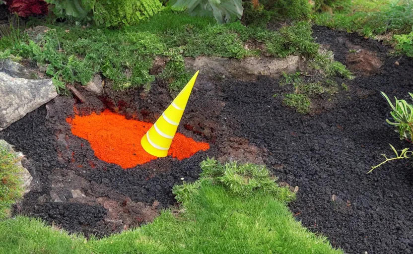 Prompt: miniature cone volcano erupting with streams of lava in a suburban yard, ground level