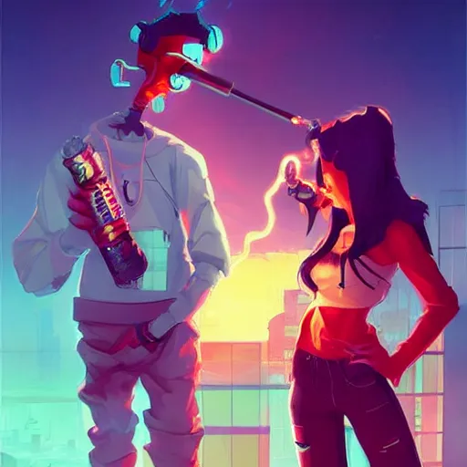 Image similar to two cyberpunk cartoon figures smoking hookah on a cloud one guy with long hair and another with short hair official fanart behance hd artstation by jesper ejsing, by rhads, makoto shinkai and lois van baarle, ilya kuvshinov, ossdraws