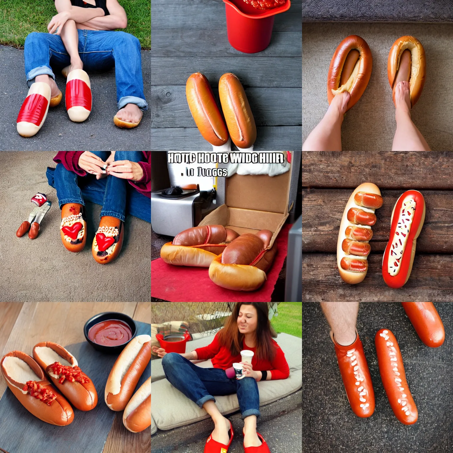 Prompt: using hot dogs as slippers, sauce everywhere