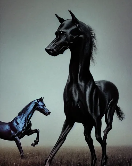 Image similar to painting of hybrid between black weimaraner & black stallion horse! & intercrossed animal, by zdzislaw beksinski, by mattias adolfsson, concept art, single object scene, beautiful composition, 8 k, wide angle shot, fast shutter, dslr camera,