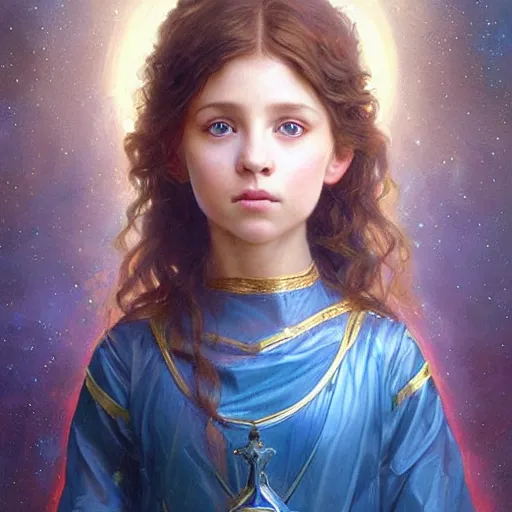 Image similar to a little girl with short wavy curly light brown hair and blue eyes, a space empress in byzantine style. beautiful highly detailed face, painting by artgerm and greg rutkowski and bouguereau.