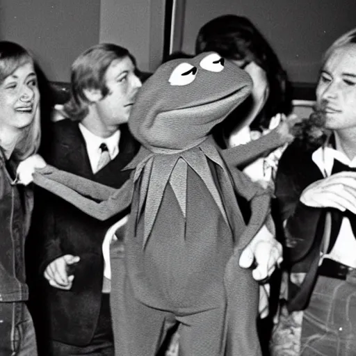 Prompt: vintage photograph of kermit the frog in a 1 9 7 0 s club