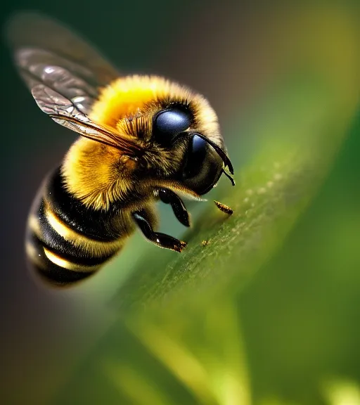 Image similar to super macro photo of a bee made of gold on a flower in a forest. dof. bokeh. magical atmosphere. art by greg rutkowski. lifelike. very detailed 8 k. intricate. soft light. nikon d 8 5 0.