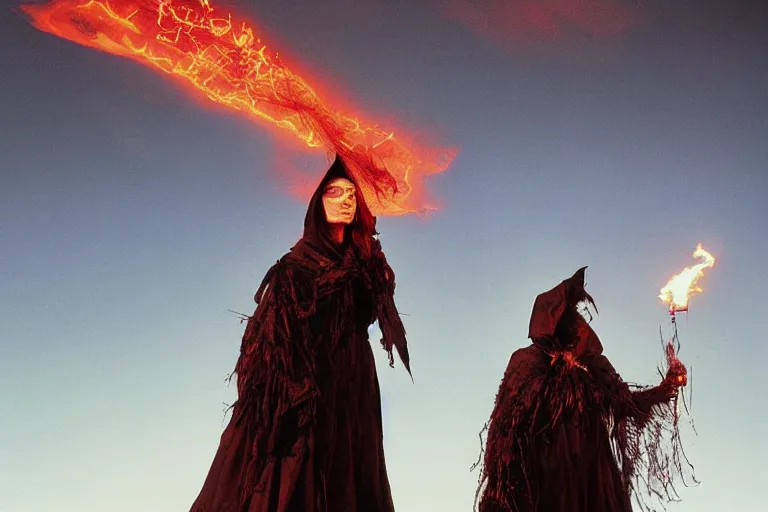 Image similar to at Dusk a witch woman dressed in an elaborate tattered cloak with hood, stands overlooking a mountain range as she holds up a lit and burning red signal flare. An american bald eagle flies towards her. Portrait by annie Liebowitz.